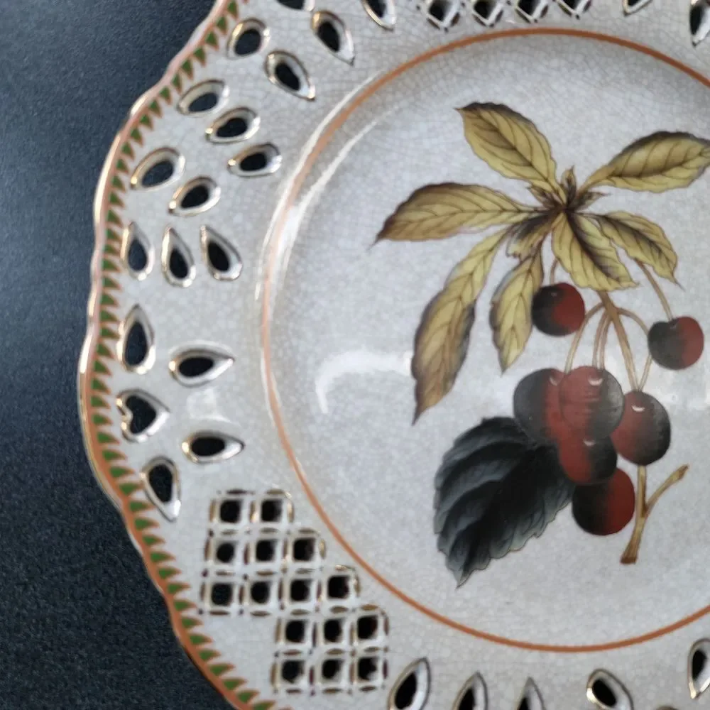 Set of Two Vintage Reticulated Porcelain Plates With Botanical Fruit Design 10.5
